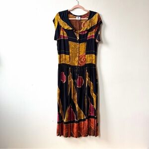 Vintage 90s Black Gold Red Abstract Drop Waist Midi Dress Rayon Medium